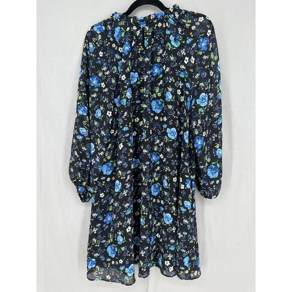 Banana Republic Dress LP Black Floral Mini Blue Cottage Boho Long Sleeve Flowy - Picture 3 of 8